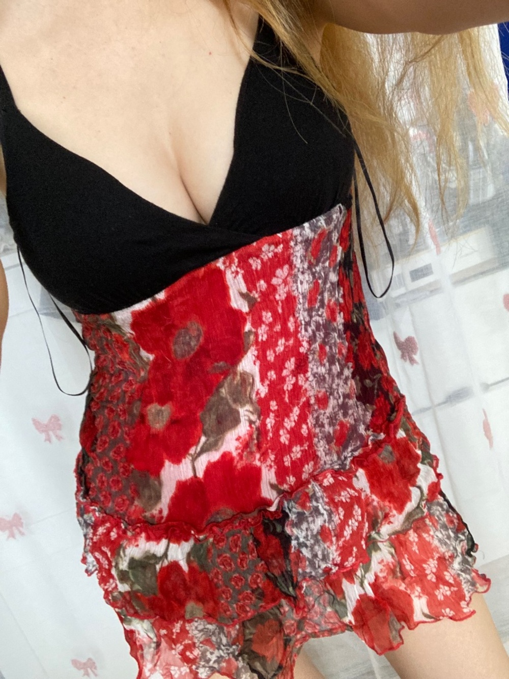 Guess xs black red floral sheer ruffles bustier top